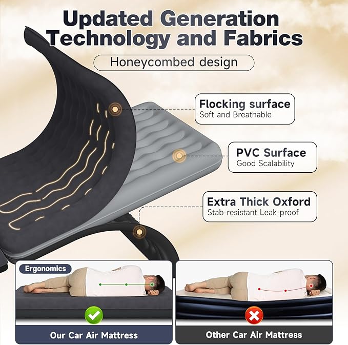 Back Seat Car Air Mattress: Inflatable SUV Car Camping Bed for Truck Van Thickened Double-Sided Flocking Travel Car Sleeping Pad with Air Pump 2 Pillows