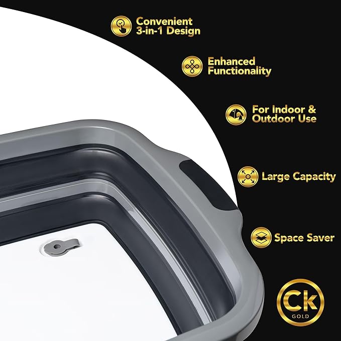 New XL Collapsible BBQ Prep Tub with LOCKING Lid Cutting Board &amp Drain Hole | BPA-Free Food-Grade Space-Saving Prep Tubs for Marinating Grilling Camping &amp Outdoor Cooking (Black 16L)