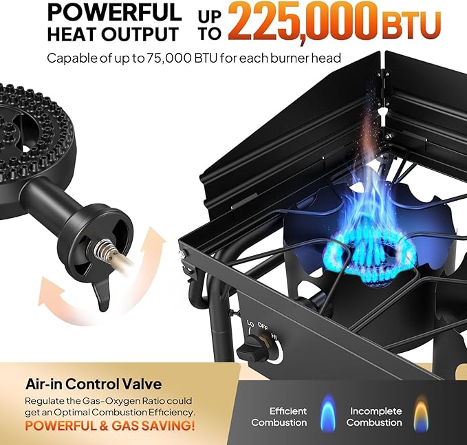 ROVSUN 3 Burner Gas Stove with 2 Side Shelves 225000BTU Portable Propane Stove with Removable Leg Wind Panel Regulator for Camping Home Backyard Outdoor Cooking Brewing Canning Turkey Frying