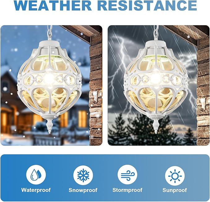 Globe Outdoor Pendant Lights White Aluminum Waterproof Hanging Light Fixture for Porch Entryway Hallway Vintage Round Exterior Chandelier Outside Pendant Lamp with Amber Glass 2 Pack