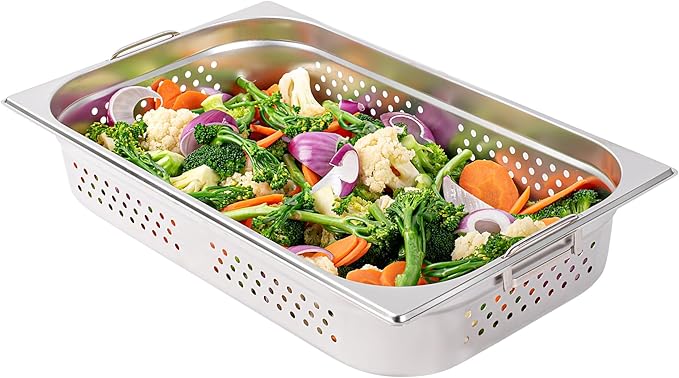Restaurantware Perforated Steam Table Pan - Full Size - 4 Deep - Collapsible Handles - Anti Jam - Commercial Grade Stainless Steel - 1ct Box - Met Lux