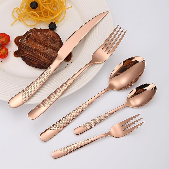 Hammered Flatware Set Copper/Rose Gold Silverware 20 Piece Stainless Steel Service for 4 Forks Knives Spoons Heavy Thickened Handle Elegant Modern Design Kitchen Use Festival Parties