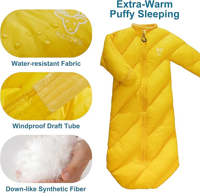 T40 Toddler Sleeping Bags Boys Girls |Ages 2-4| Puffy Kids Sleeping Bag Camping Sleepovers |up to 46 in| Lightweight Compact Comfort for Indoor Outdoor | Machine Washable (Yellow)
