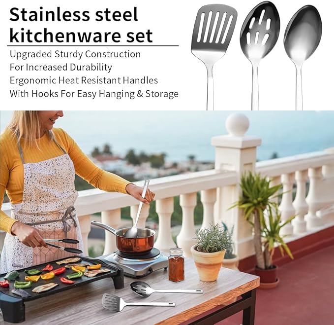 Evanda Camping Kitchen Cooking Utensil Set 10 Piece Stainless Steel Outdoor Cooking and Grilling Utensil Organizer Travel Set Perfect for Travel Camping RVs BBQs Picnics Parties and More