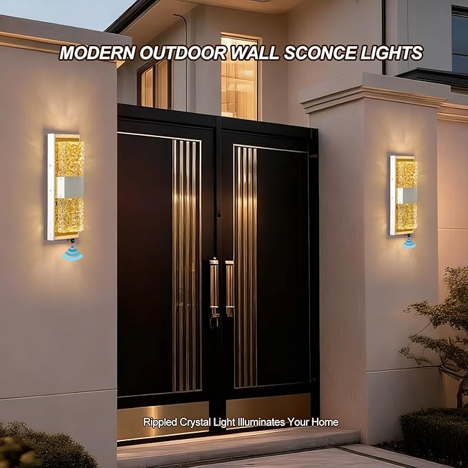 Dusk to Dawn Outdoor LightingExterior Lighting Fixtures IP65 Waterproof Porch Lights Outdoor 12W LED Crystal Modern Outside Wall Sconce for Porch Hallway Doorway Patio14.2'' White&ampGold