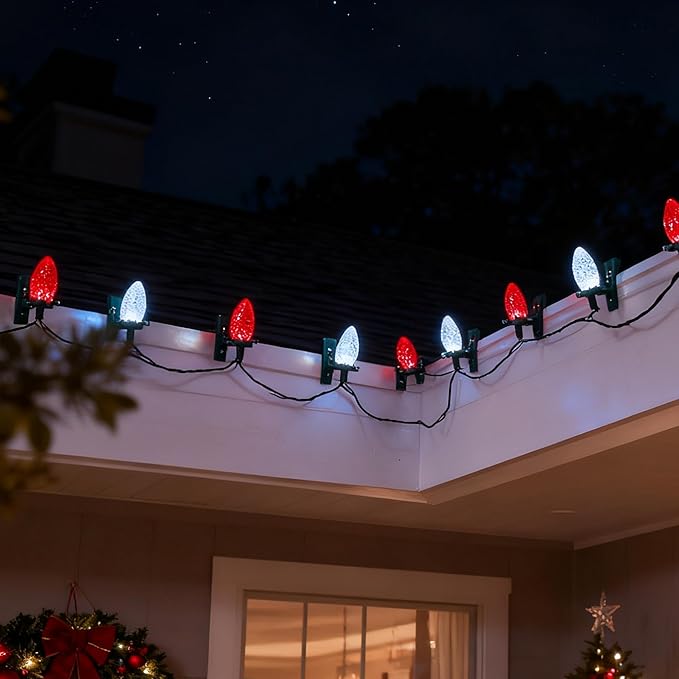 Dazzle Bright C9 Christmas String Lights 100 LED 66 FT Waterproof Connectable Fairy Lights with 100 Spring Clips Timer Christmas Decoration for Outdoor Roofline Home Garden Yard Tree (Red &amp Whit