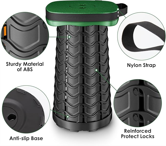 Folding Camping Stool Square Collapsible Portable Stool with Elastic Seat Cushion&amp Adjustable Nylon Bag Sturdy Lightweight Telescoping FoldableMax Load 485lb (Green)