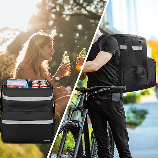 Taygeer Food Delivery Backpack Expandable Insulated Food Delivery Bag for Grocery Bike Large Leakproof Waterproof Hot Pizza Bags with 4 Mesh Pockets Reflective Strip for Uber Eat Doordash Black