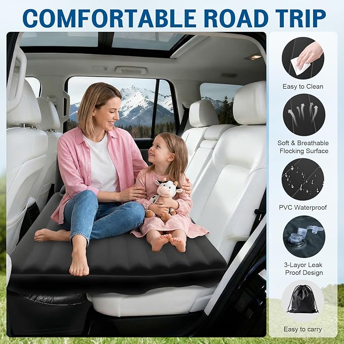 SUV Air Mattress - Thickened Car Air Mattress with Electric Pump Portable Inflatable Car Bed with 2 Pillows Camping Mattress Back Seat for SUV Trunk Travel Home (Black)