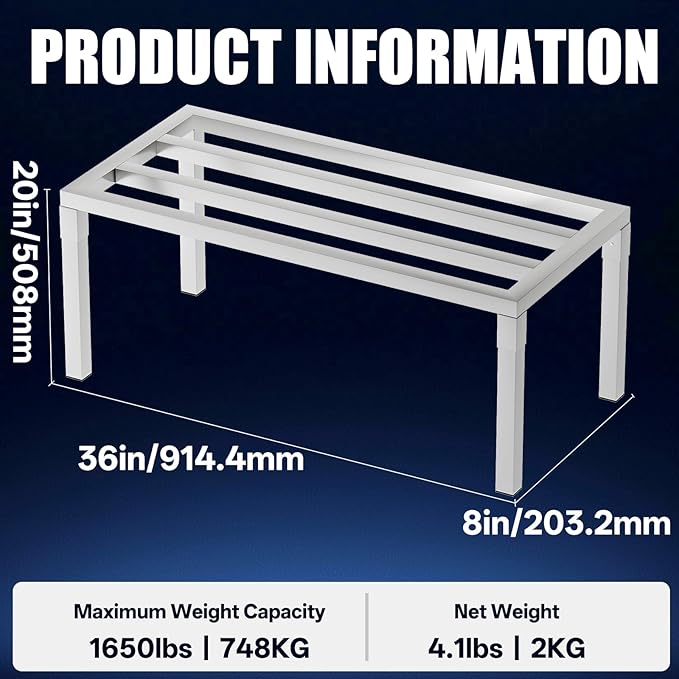 Aluminum Dunnage Rack 36 L x 20 W x 12 H 1650 lbs Load Capacity Commercial Food-Grade Floor Shelving for Patio Restaurant Kitchen Supermarket Garage.