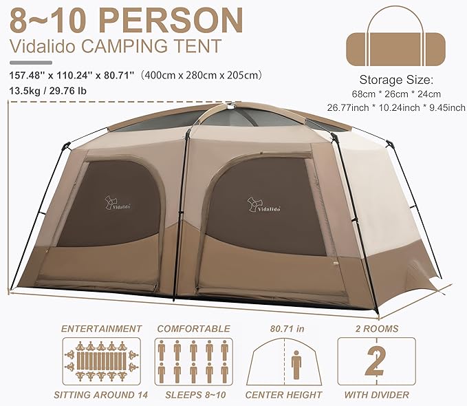 Vidalido Tents8-10 Person Camping Tent with Extended Vestibule2 Room Weather Resistant Family TentsEasy Install Waterproof Outdoor Tent for Camping Hiking