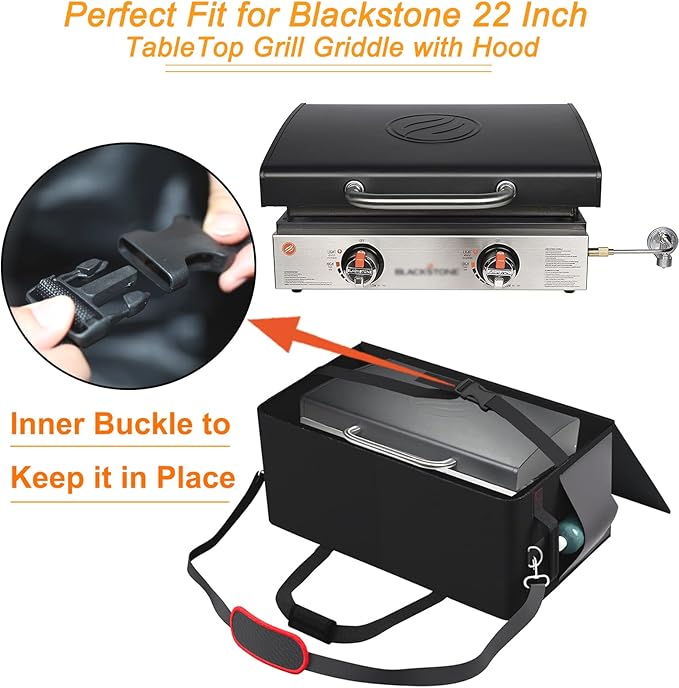 22 Inch Griddle Carry Bag Fits for Blackstone 1813 22 inch Tabletop Griddle with Hood LidExclusively Fits for Blackstone Tabletop Griddle 22 inch with hood Carry Bag600D Polyester Heavy Duty