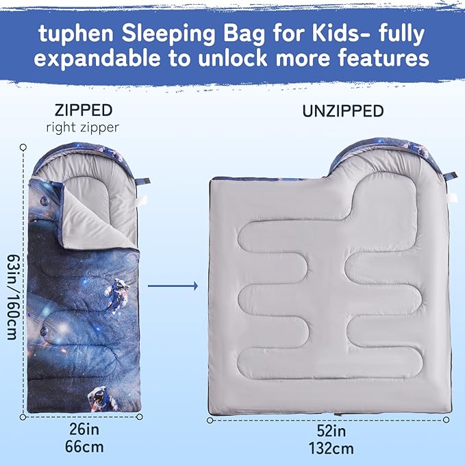 tuphen Kids Sleeping Bag - 50-77℉ 3-Season Waterproof Sleeping Bag for Boys &amp Girls Lightweight 2.2 lbs Camping Gear with Compression Bag Ideal for Camping Hiking Indoor