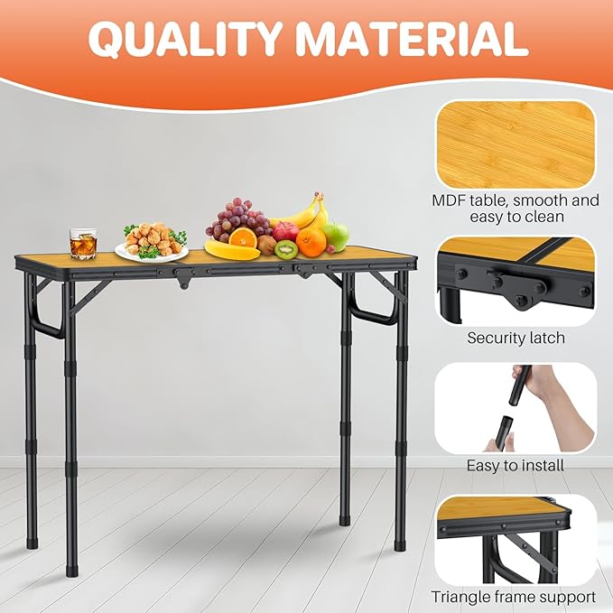 FUNYKICH 3ft Camping Folding Table with 3 Adjustable Height Portable Picnic Tables 34.2'' Lx15.7'' W Lightweight Aluminum Outdoor Table with Carry Handle for Camping Picnic Backyard BBQ-Black
