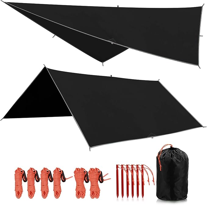 REDCAMP Hammock Rain Fly Camping Tarp Waterproof 10x10ft Lightweight Backpacking Rain Tarp Shelter for Hiking Outdoor Black