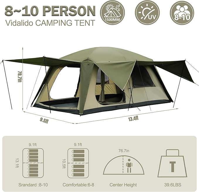 Vidalido 8-10 Person Camping Tent with 3 Door 2 Room Large Family Cabin Tents Double Layer Waterproof Portable Glamping Tent Big Tents for Outdoor Picnic Camping Hiking and Family Gathering