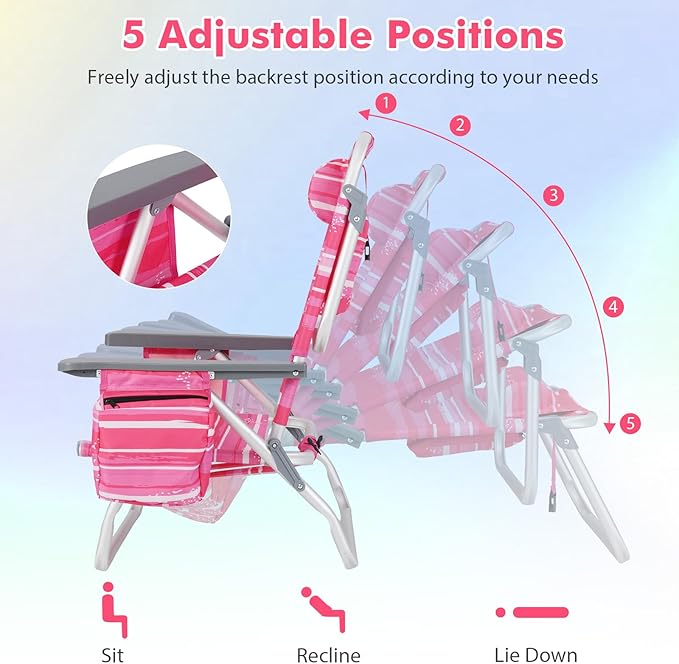 2-Pack Folding Beach Chairs Outdoor Patio Lawn Lounger with 5 Adjustable Position Cooler Pouch Headrest &amp Accessories Portable Camping Chairs for Outdoor Relaxation (2 Pink Stripe)