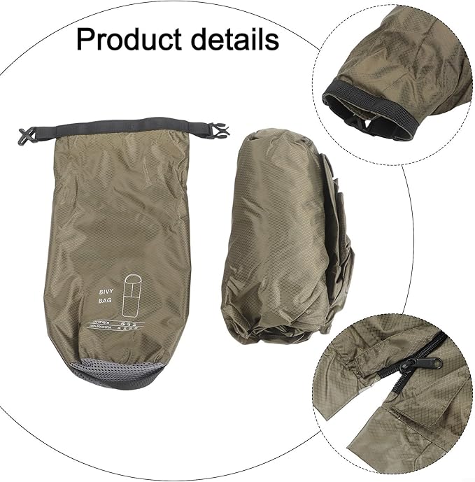 Lightweight Bivy Sack for Camping Waterproof Ultralight Sleeping Bag with Ventilation 70D Ripstop Nylon Heat Reflective Coating 87 Inch Long(Green)