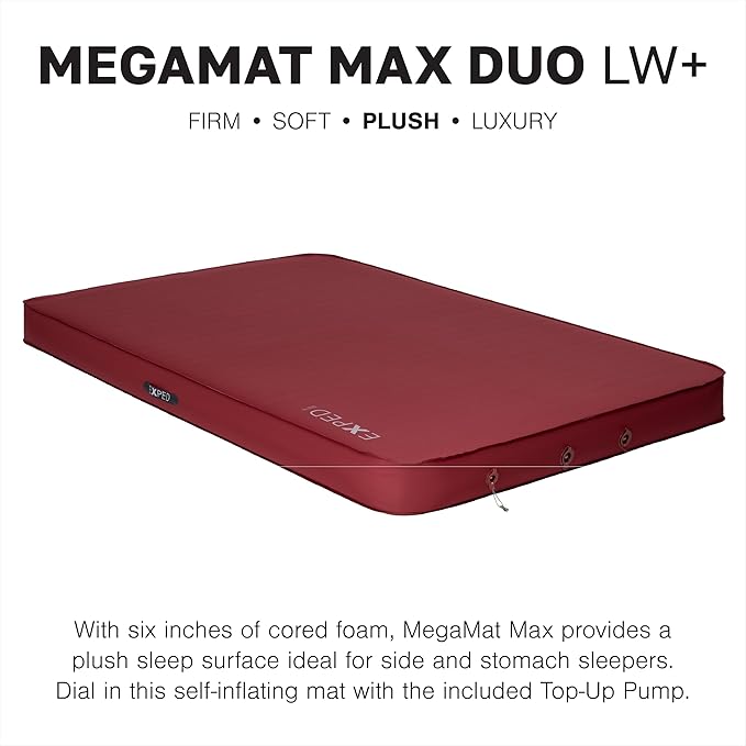 Exped MegaMat Max Duo Long Wide Plus - Self Inflating Plush Sleeping Mat 6” Foam Pad Pump Included