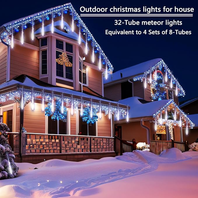 Christmas Decoration Outdoors- 32 Tubes (Equivalent to 4 Sets of 8-Tubes) Meteor Shower Rain Lights White Falling Rain Lights for Christmas Decor Xmas Tree Halloween Yard Wedding Party UL Plug