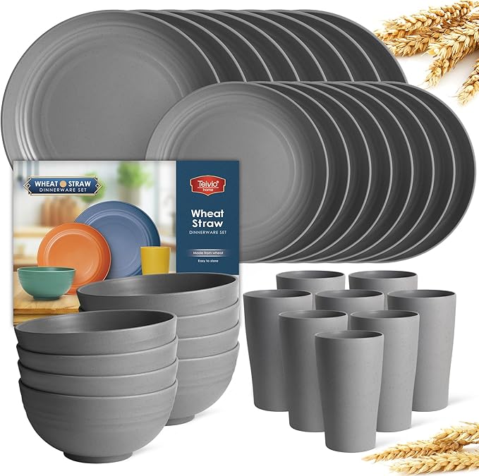 Teivio 32-Piece Kitchen Plastic Wheat Straw Dinnerware Set Service for 8 Dinner Plates Dessert Plate Cereal Bowls Cups Unbreakable Colorful Plastic Outdoor Camping Dishes Grey