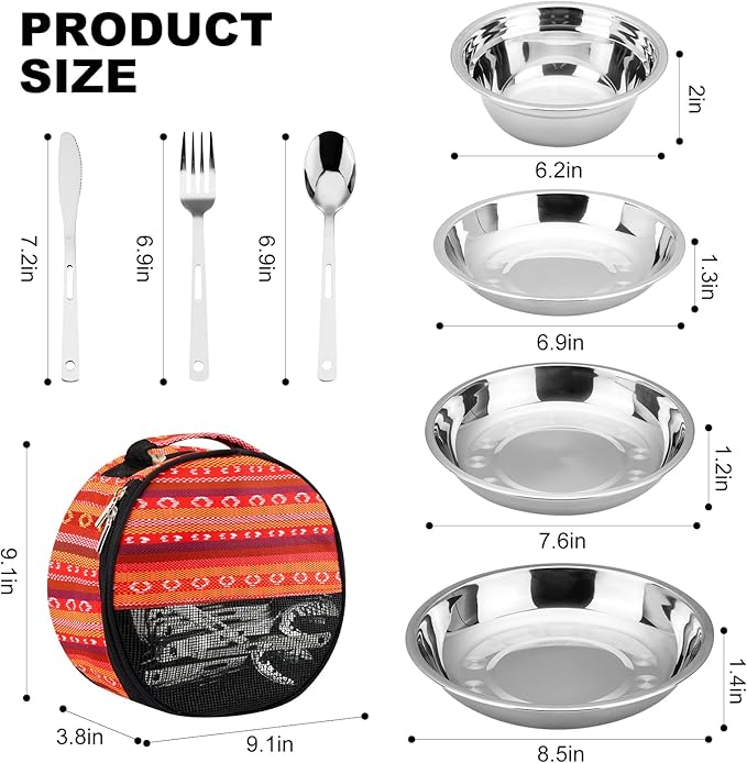 Camping Mess Kits - 28pcs Camping Dinnerware Set Camping Gifts Camping cookware Sets Camping Accessories Camping Cooking Utensils Set Bowls Plates Knives Forks Spoons