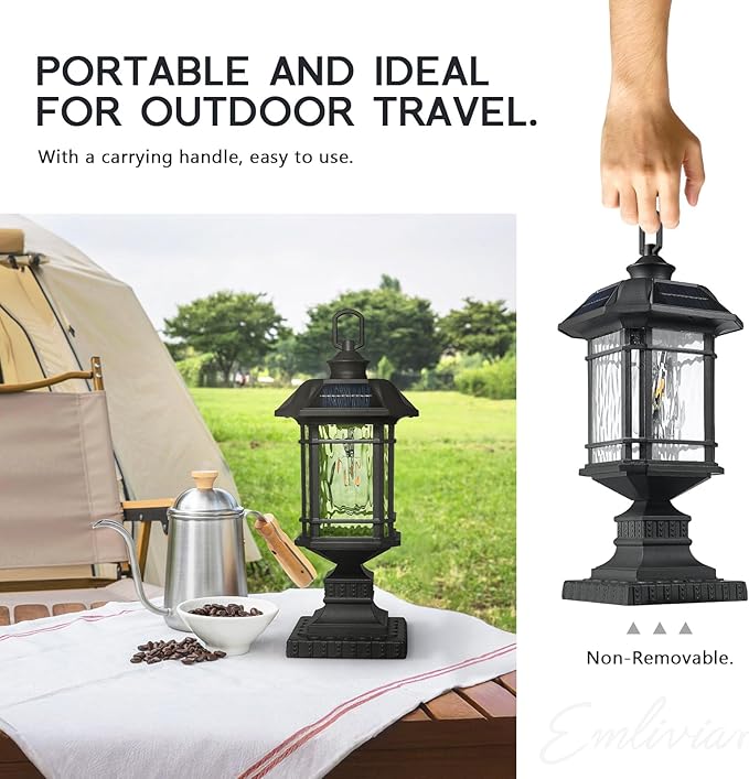 Emliviar Integral Solar Lamp Post with Fixed Pire Mount Base Matte Black LED Fence Deck Pilllar Lighting for Patio Portable Outside Solar Panels Lamp with Water Grain Glass 2084P-ML SL BK