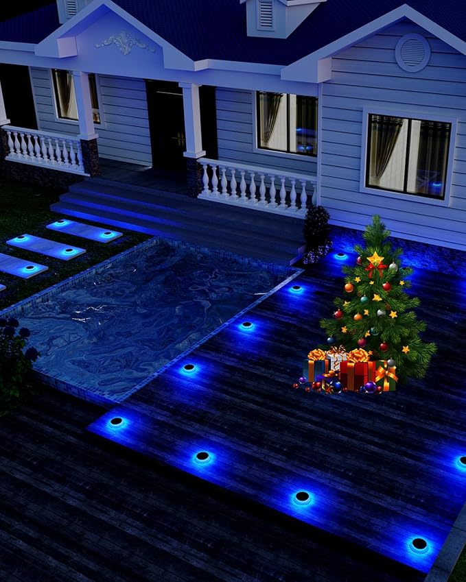 6 Packs Solar Driveway Lights Blue Dock Deck Lights Solar Powered Outdoor IP68 Waterproof Stick on Light for Step Stair Driveway Pool Pathway Walkway Patio