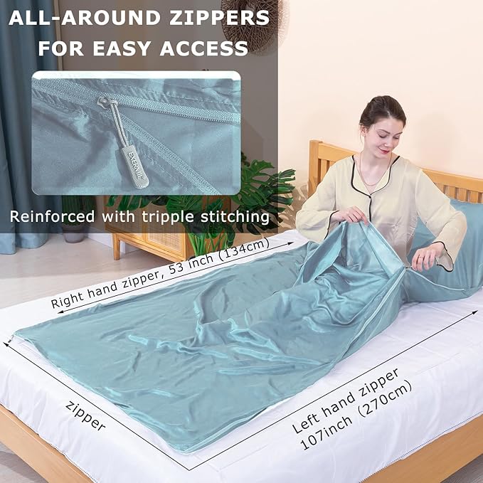 100% Silk Sleep Sack with Zippers on 3 Sides 87”x43” Large Sleeping Liners for Hotels Travel &amp Camping Multifunctional Travel Sheets (Unzipped:87”x87”) for Adults Lightweight All Seasons