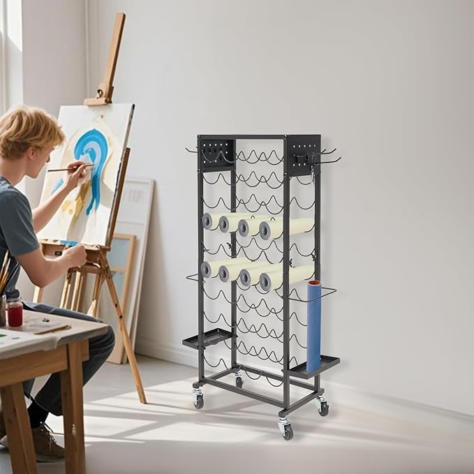 Mobile Vinyl Roll Holder Cart 40 Compartments Vinyl Storage Organizer with 6 Hooks &amp Extra Paper Roll Organizer Tray on 2 Side Vinyl Storage Rack with Wheels for Craft Room (Black)