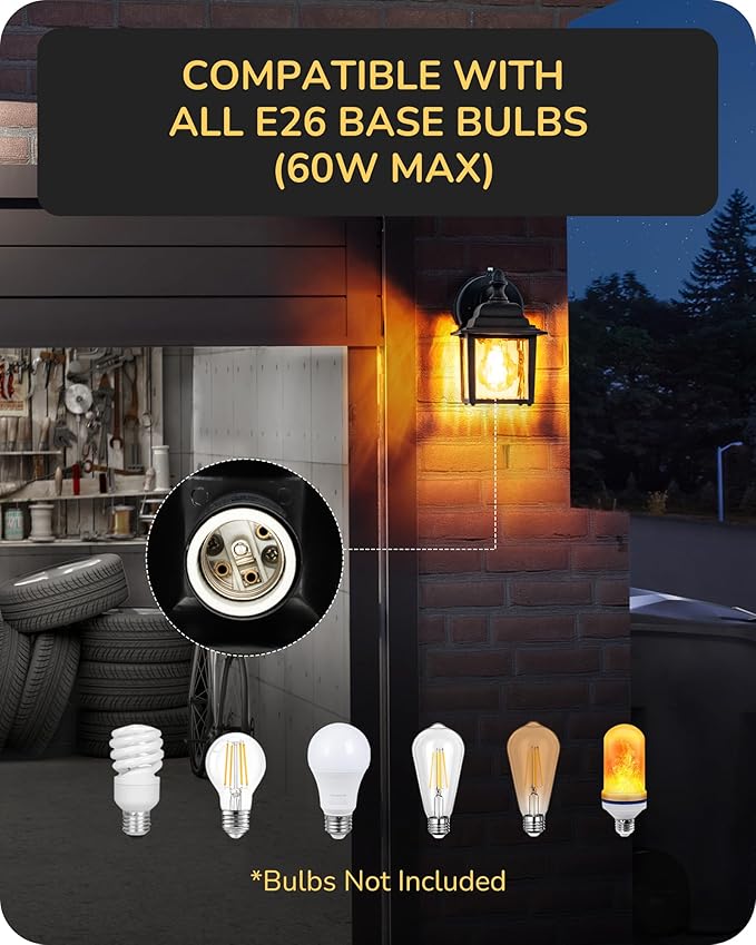 EDISHINE 2 Pack Outdoor Porch Light Dusk to Dawn Exterior Lighting Fixtures Modern Outdoor Wall Lights Fixture Clear Water Ripple Glass Anti-Rust Waterproof for Front Door Garage Patio Black