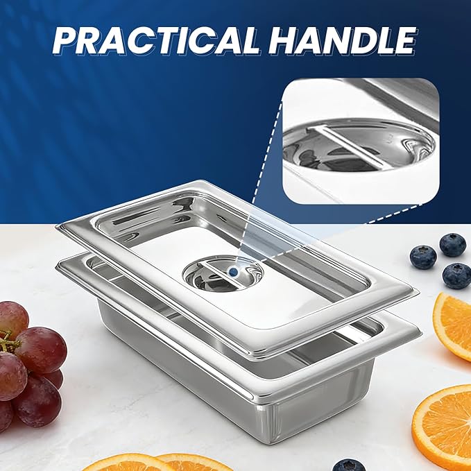 1/3 Size Slotted Steam Table Pan Cover with Handle 6-Pack Hotel Pan LidsAnti-Jam Food Pan Cover Catering Food Cover for Stainless Steel Metal Tray Set