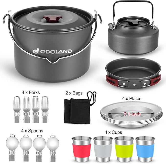 Odoland 22pcs Camping Cookware Mess Kit Large Size Hanging Pot Pan Kettle with Base Cook Set for 4 Cups Dishes Forks Spoons Kit for Outdoor Camping Hiking Picnic