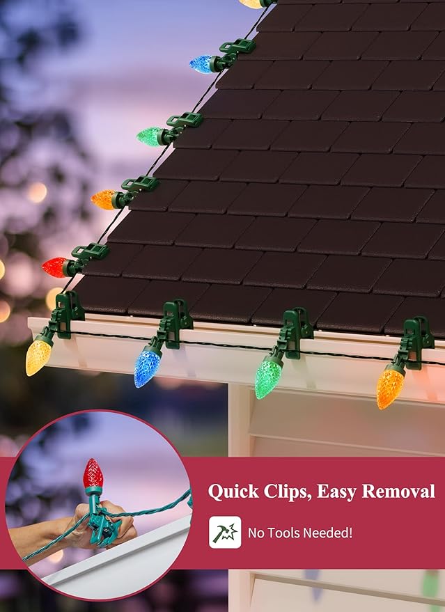 C9 LED Christmas Lights Outdoor 68 Feet 100 LED Strawberry String Lights with 100 Spring Clamps Waterproof Commercial Grade Extendable for Outside Roofline Patio Home Xmas Decoration Multicolor