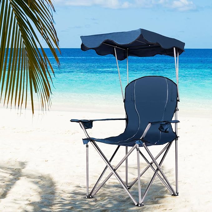 COSTWAY Portable Camping Chair with Canopy Outdoor Lawn Chair with Shade Carry Bag Cup Holder for Travel Picnic Beach (Blue)