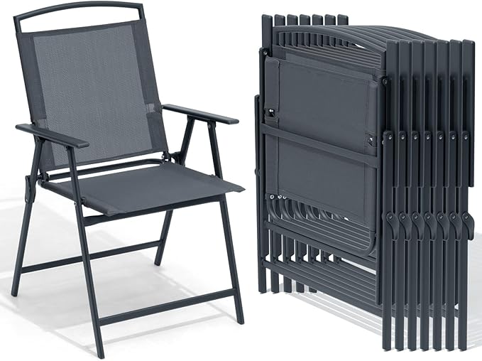 Crestlive Products Patio Folding Chairs Set of 8 Outdoor Folding Chairs with Durable Rust-Resistant Frame and Breathable Textilene Material for Outside Gray