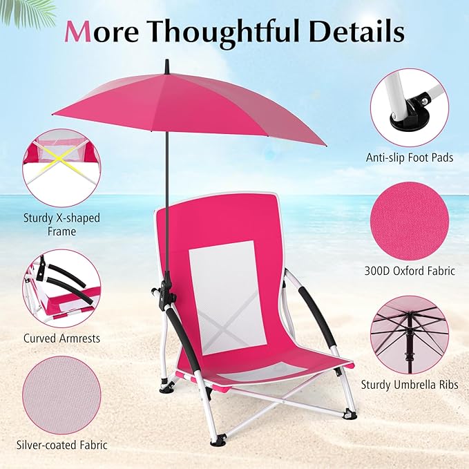 Goplus Beach Chair with Umbrella 2 Pack 330lbs Folding Backpack Chairs for Adults with Adjustable Parasol Comfy Armrest Breathable Seat Lightweight Portable Low Sand Chair for Lawn Camping