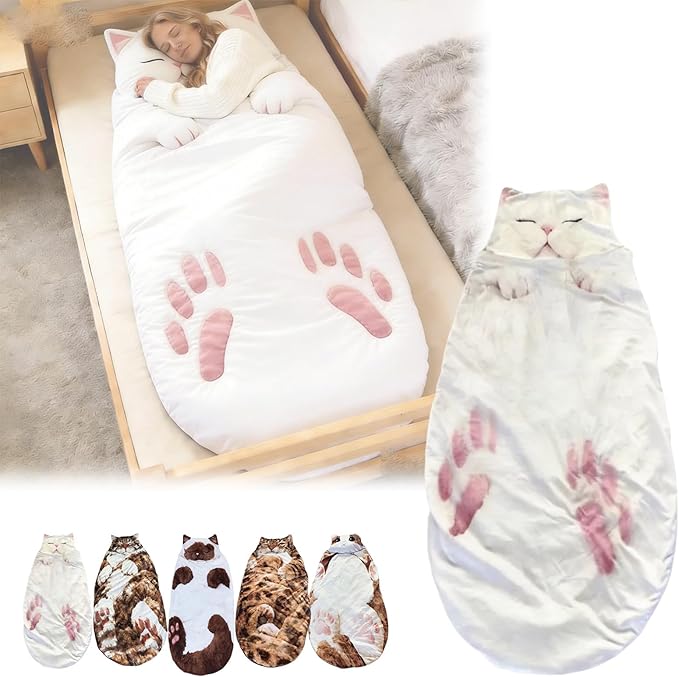 Cat Shaped Plush Sleeping Bag for Adults 69 Foldable Cat Envelope Style Lounge Blanket Soft and Washable Easy in and Out for Camping Travel or Relaxing at Home