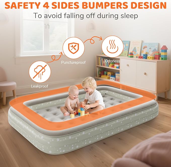 Inflatable Toddler Travel Bed: Portable Blow Up Travel Toddler Bed with Safety Sides - Toddler Air Mattress with Electric Pump ＆ Carry BagIdeal for Sleeping and Outdoor Camping (Beige 60)