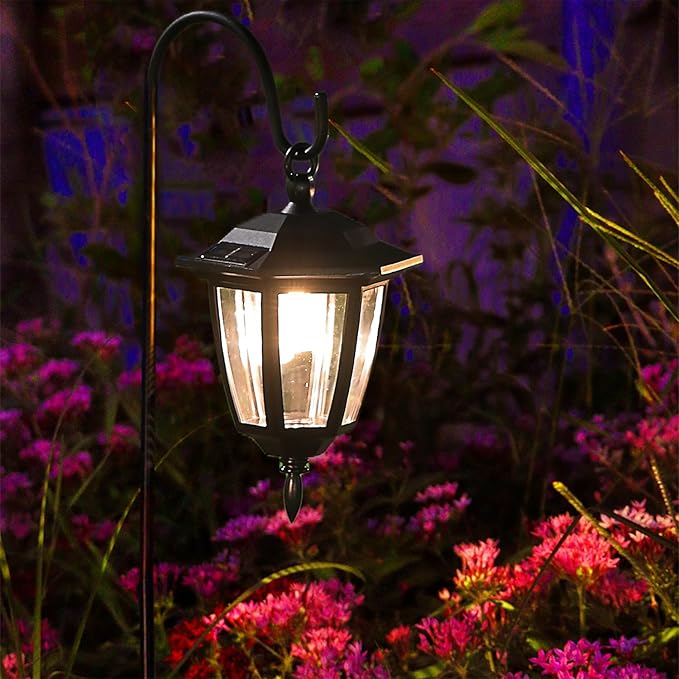 Dynaming 2 Pack Solar Hanging Lights Outdoor Solar Powered Garden Decorative Lanterns with 2 x 38 Inch Shepherd Hooks Waterproof Landscape Lighting for Lawn Patio Yard Pathway Driveway Warm White