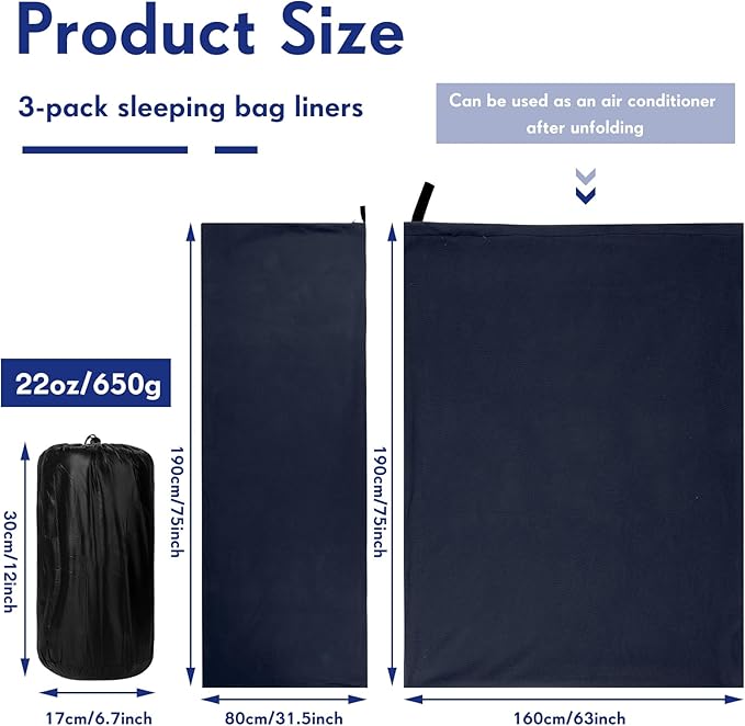 Mixweer 3 Pcs Fleece Sleeping Bag Liner for Adult Warm or Cold Weather 75 Adds 12 Degrees Fahrenheit More Warmth Zippered Camping Blanket Liner with Bag for Adult Travel