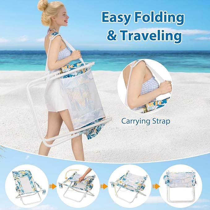 Giantex 2-Pack Folding Beach Chair Low Lawn Chairs with Padded Head Pillow Mesh Back Cup Holder and Armrests Portable Outdoor Lounge Chair for Camping Sunbathing Picnic Fishing