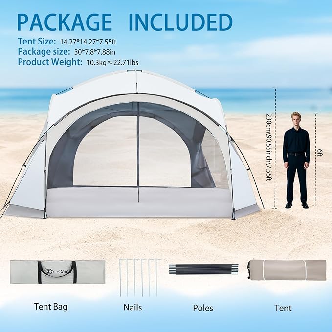 Large Beach Canopy Tent 14 X 14ft UPF 50+ Pop Up Sun Shelter for 8-10 Person Portable Beach Sun Shade with Side Walls for Camping Fishing Backyard Fishing Parties Picnics