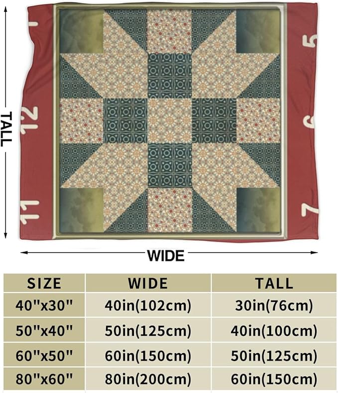 80X60 Star Patch Quilt Block Gold Green Lightweight Flannel Blanket - Soft and Breathable Polyester Suitable for Travel Camping and Home Decoration