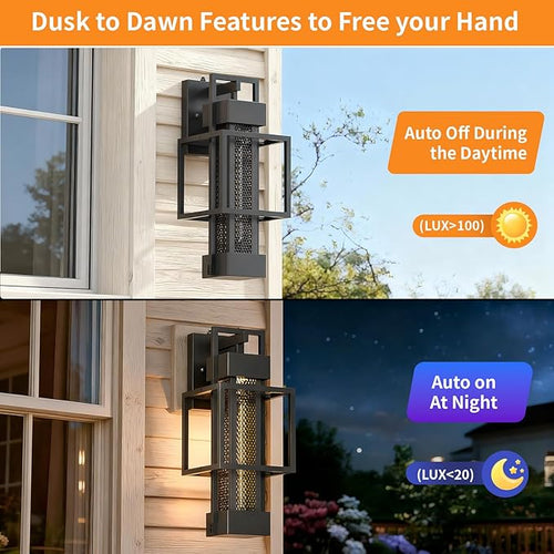 2 Pack Dusk to Dawn Outdoor Exterior Lighting Fixtures Wall Mount Dimmable Wall Porch Lights for House Sensor Outside Lantern Lamp Waterproof Black Sconce Coach Lights for Garage (Bulb Included)