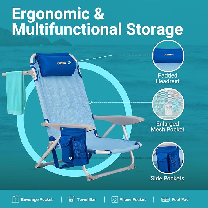 #WEJOY Folding Beach Chair for Adults 4-Position Lightweight Beach Chair Low Beach Chairs with Shoulder Strap Cup Holder and Headrest Supports 265lbs for Beach Lawn (Blue 2Pack)