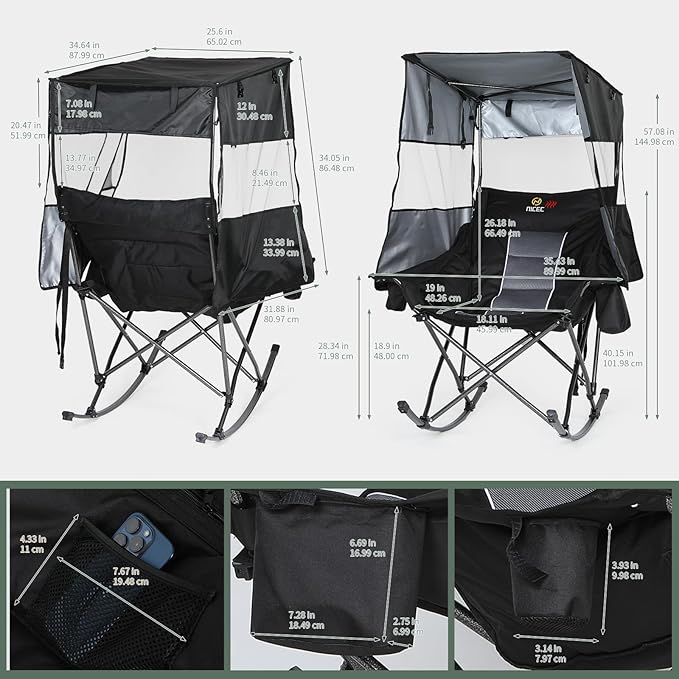 Nice C Heated Rocking Camping Chair with Canopy XL Oversized Folding Rocker with Battery Outdoor Umbrella Chairs with Shade with Cup Holder Cooler Bag for Sports Patio Backyard (1 Pack)