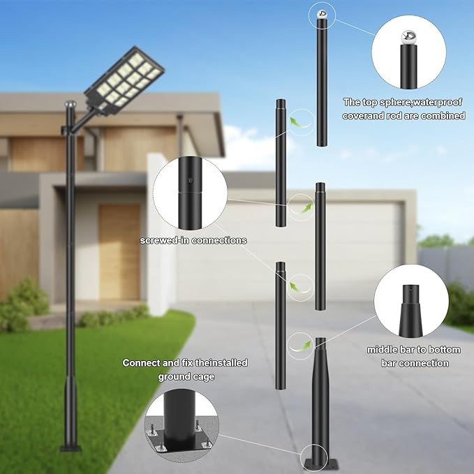 Street Light Pole 16Ft - Black Outdoor Adjustable Metal Solar Street Lamp PostSuitable for Street Courtyard Porch Exterior Patio Flag Lighting Fixtureswith Mounting Rebar Cage Base Accessory