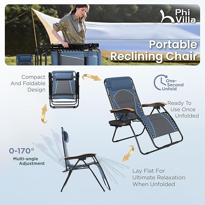 PHI VILLA XXL Oversized Padded Zero Gravity Chair Set of 2 Foldable Patio Recliner 30 Wide Seat Anti Gravity Lounger with Armrest and Cup Holder Support 400 LBS (Blue Accents)