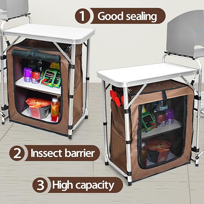 CampLand Folding Camping Kitchen Table with WindscreenPortable Outdoor Cooking Station with Storage Cabinet &amp Side Tables Heavy Duty Camp Cook Station for Camping &amp BBQ（White）